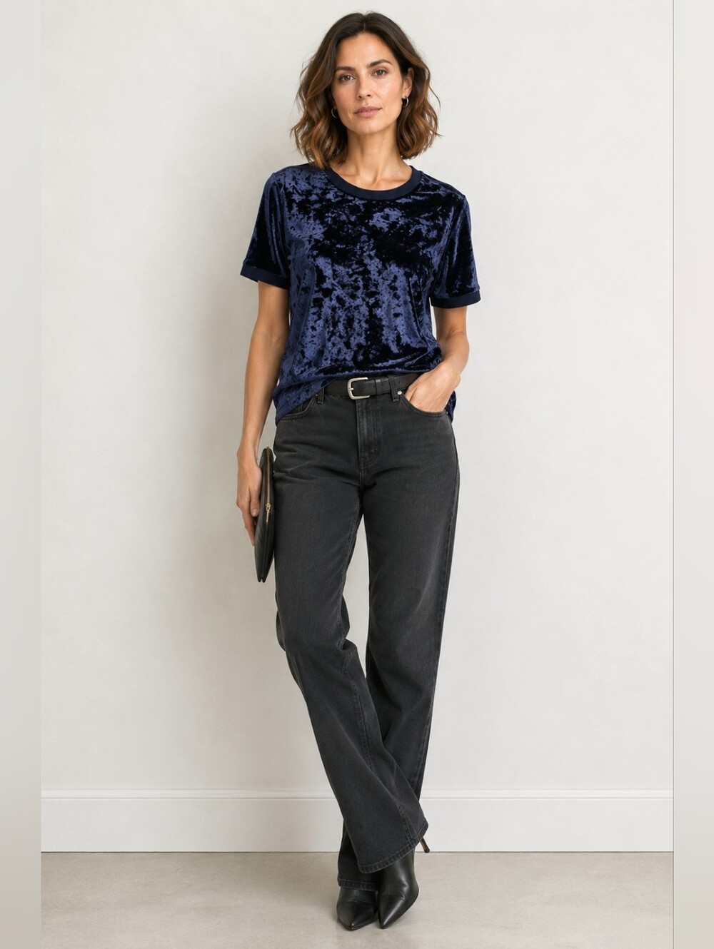 A New Day Navy Blue Crushed Velvet top Short Sleeve - Picture 6 of 6